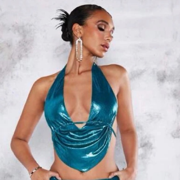Blue Metallic Halter Top NWT Size S - Picture 1 of 12